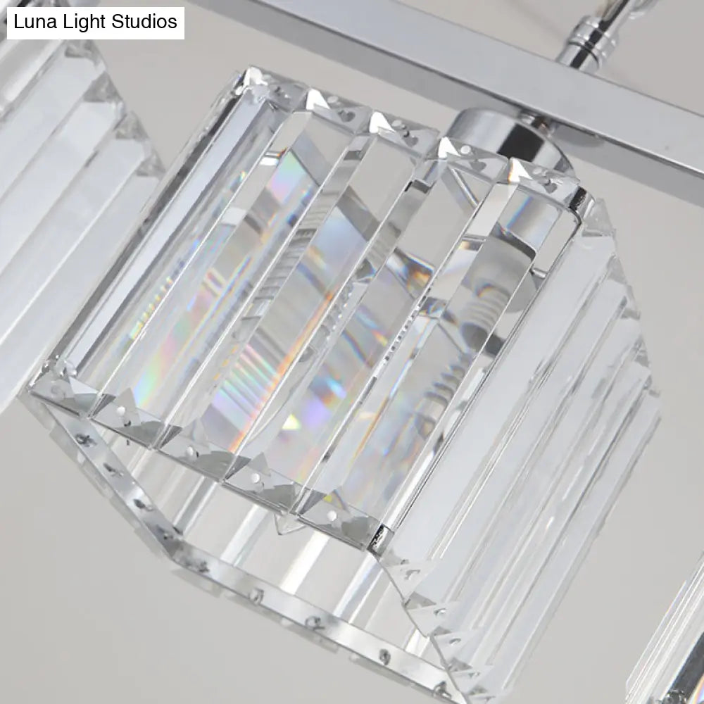 Simple Style Crystal Block Hanging Lamp Kit - 4-Light Chrome Island Fixture