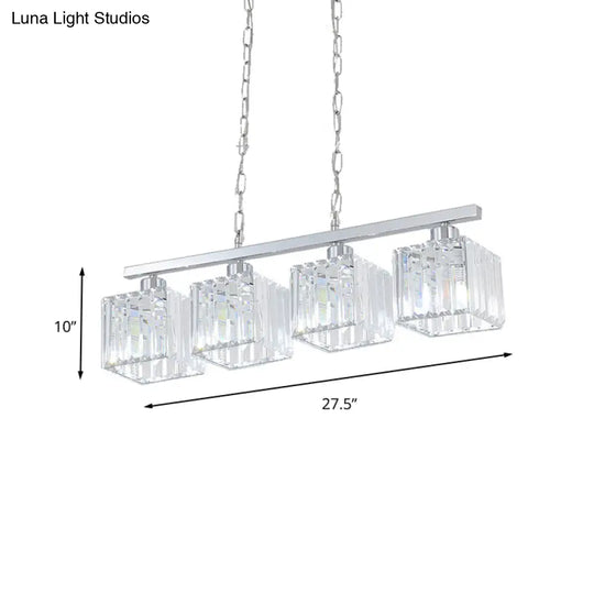 Simple Style Crystal Block Hanging Lamp Kit - 4-Light Chrome Island Fixture