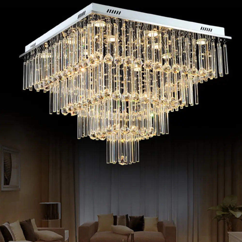 Simple Style Crystal Ceiling Mount Light - 12 Bulbs Flushmount Lighting Tiered Square Flute Design