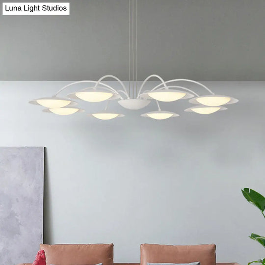 Simple Style Disc Chandelier - 8-Head Metal Hanging Light Fixture In White For Living Room