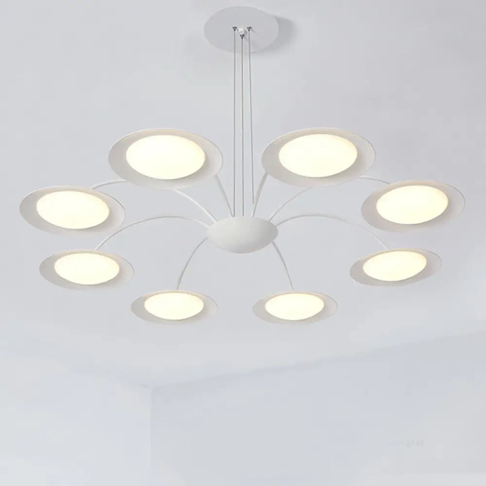 Simple Style Disc Chandelier - 8-Head Metal Hanging Light Fixture In White For Living Room