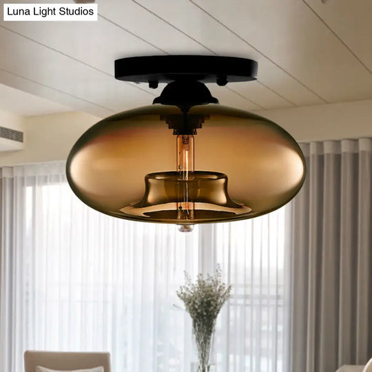 Simple Style Glass Oval Flush Mount Lamp With 1 Light - Clear/Amber/Smoky Ceiling Fixture For