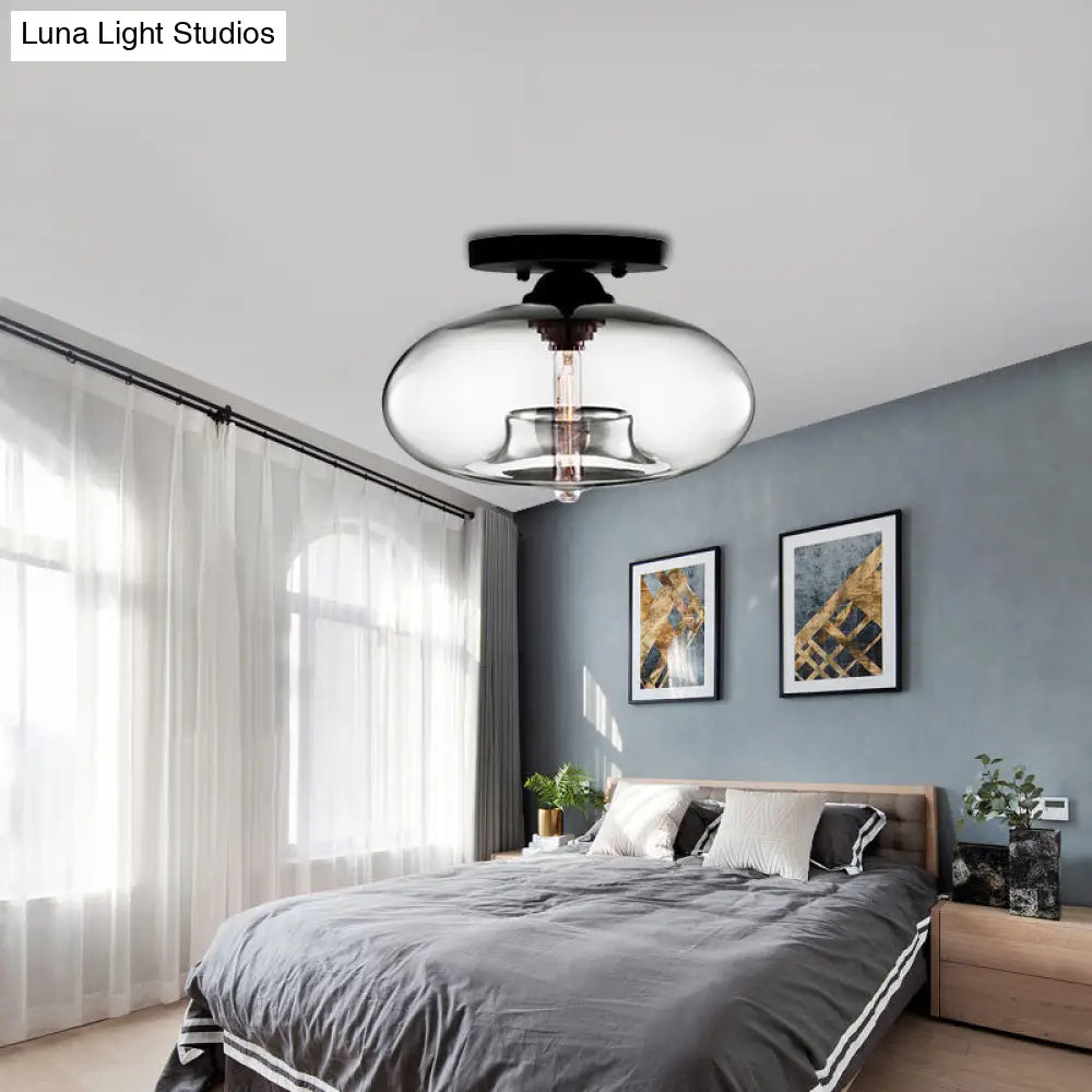 Simple Style Glass Oval Flush Mount Lamp With 1 Light - Clear/Amber/Smoky Ceiling Fixture For