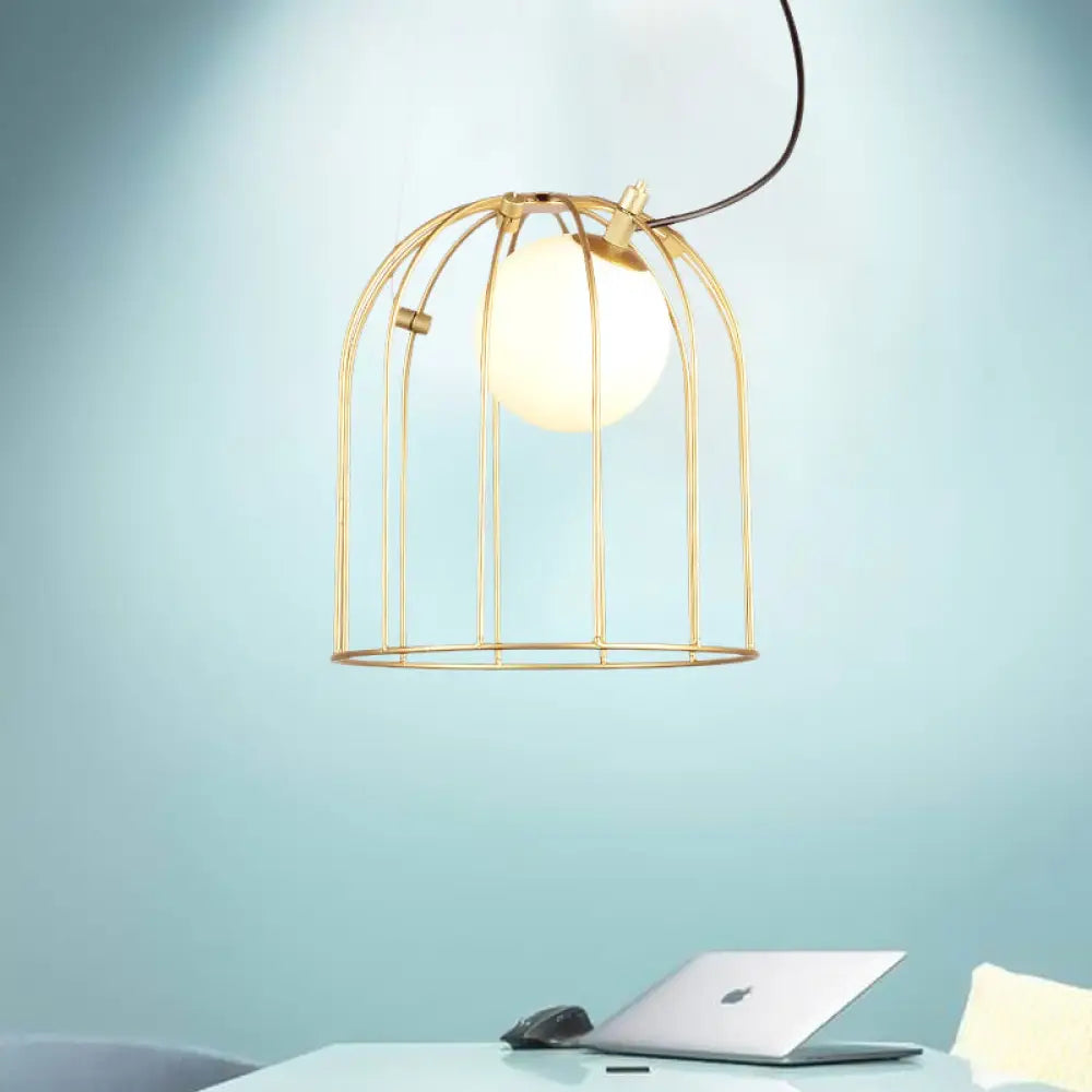 Simple Style Gold Dome Wire Cage Pendant Light For Dining Room Ceiling – 1-Light Metal Fixture / A