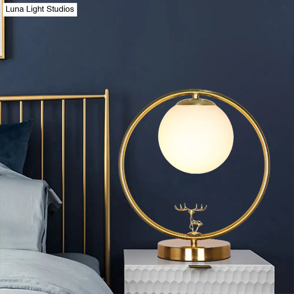 Simple Style Ivory Glass Ball Table Light With Gold Night Lamp And Deer Deco