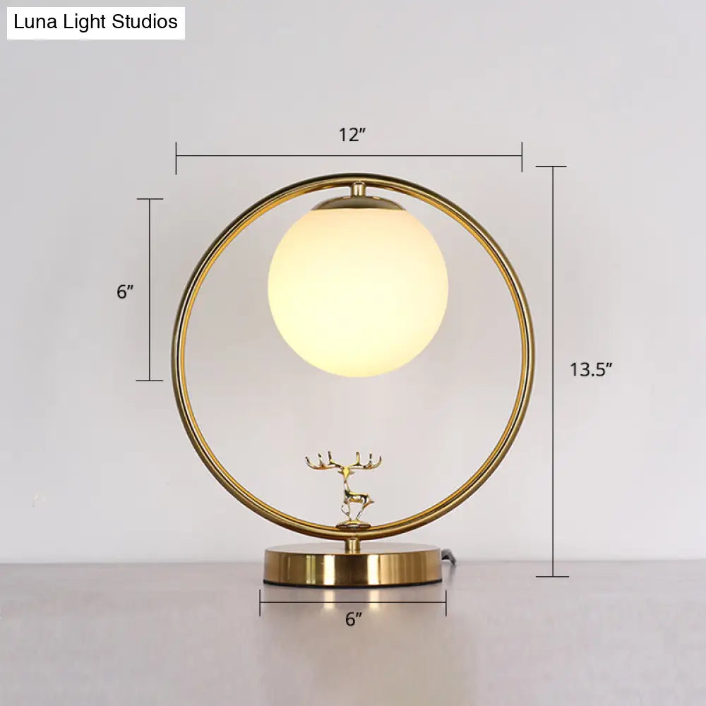 Simple Style Ivory Glass Ball Table Light With Gold Night Lamp And Deer Deco