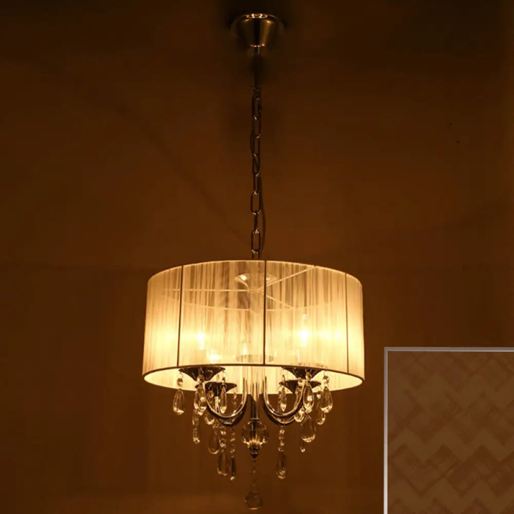 Simple Style Living Room Chandelier With Drum Fabric Shade 4-Light Chrome Pendant Light Kit And