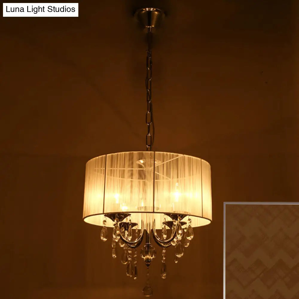 Simple Style Drum Living Room Chandelier With Crystal Drops - 4-Light Chrome Pendant Light Fixture