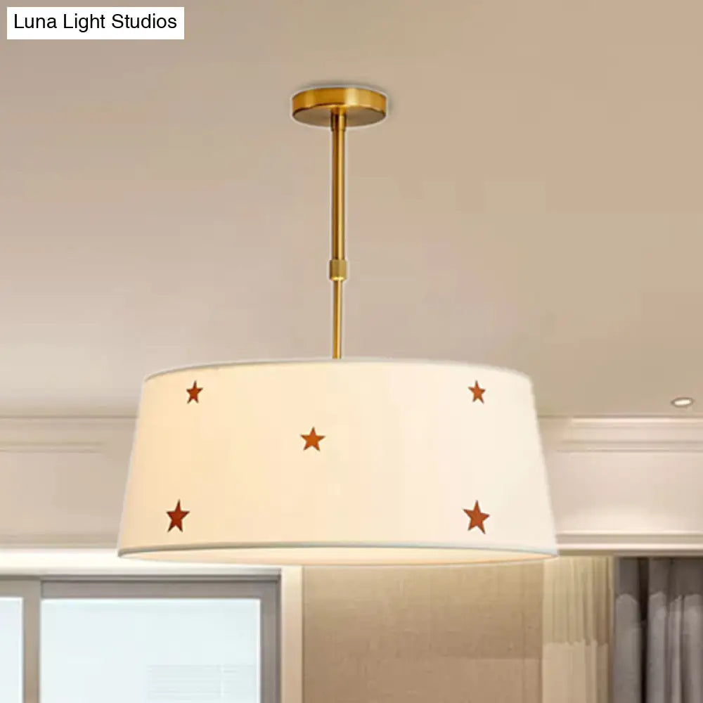 Simple Style White Fabric Drum Chandelier - Adult Bedroom Pendant Light With Star Design