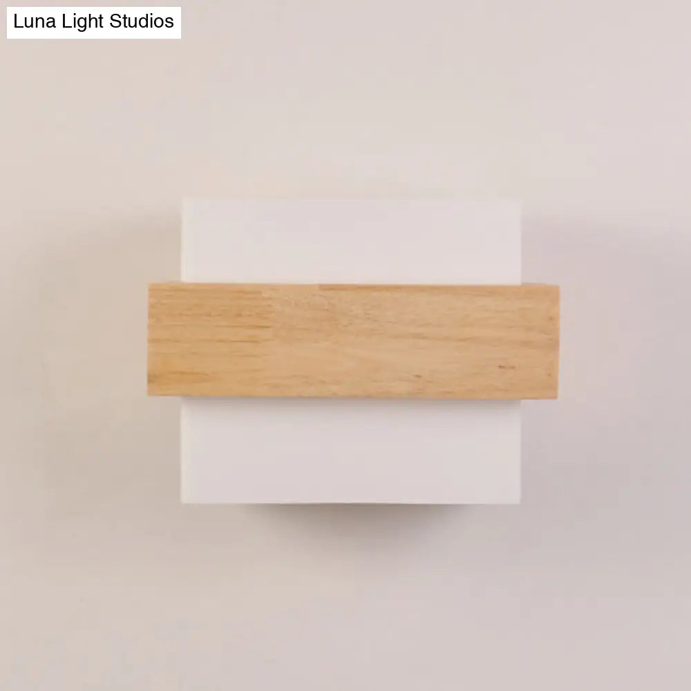 Simple Style White Glass 1-Light Sconce With Wood Brace For Square Corridor Wall Lighting