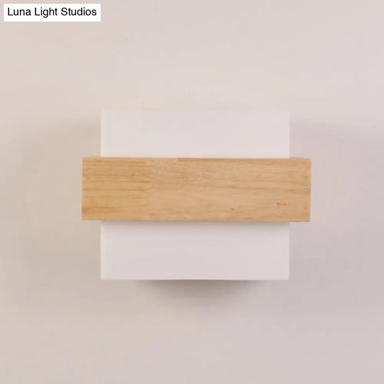 Simple Style White Glass 1-Light Sconce With Wood Brace For Square Corridor Wall Lighting