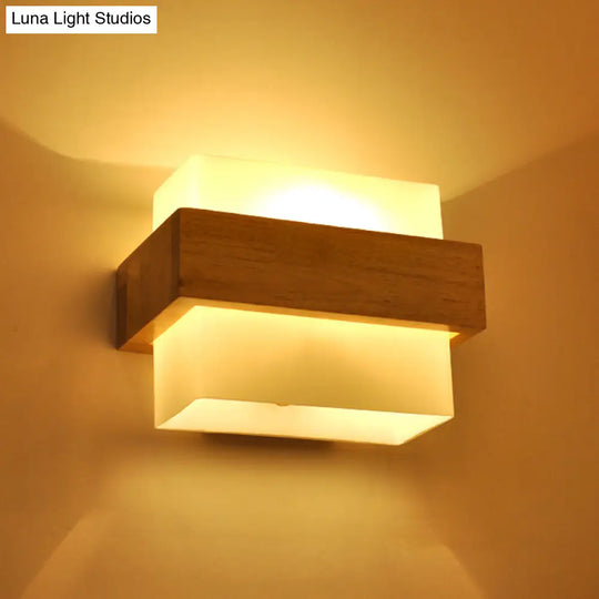 Simple Style White Glass 1-Light Sconce With Wood Brace For Square Corridor Wall Lighting