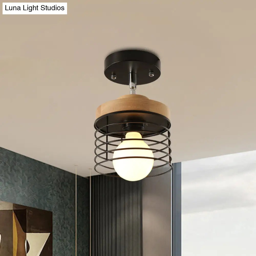 Simple Stylish Iron Drum Cage Flush Ceiling Light - Rotatable 1 Lamp For Balconies Black