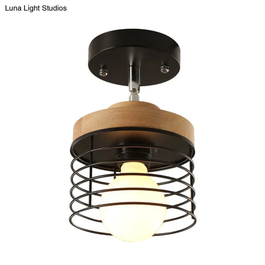 Simple Stylish Iron Drum Cage Flush Ceiling Light - Rotatable 1 Lamp For Balconies