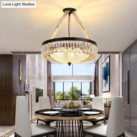 Simple Tri-Sided Crystal Rod Pendant Chandelier - 18/23.5 Wide Dome 6/9 Lights Black Ceiling Mount