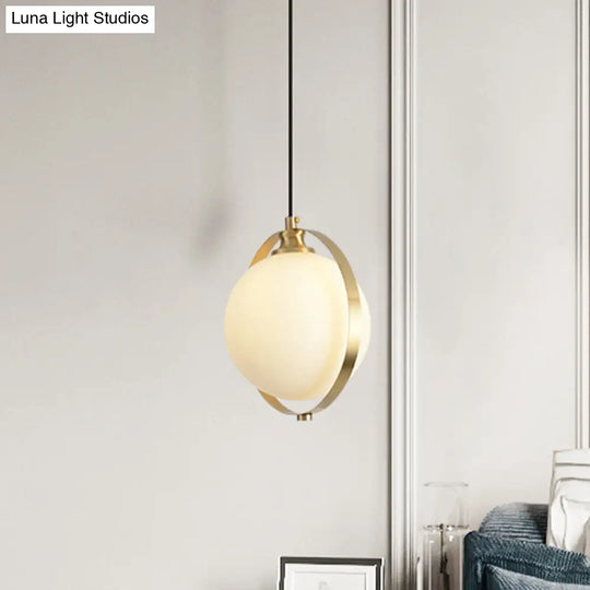 Sleek White Frosted Glass Pendant Light With Brass Ring - Modern Bedside Ceiling Lamp