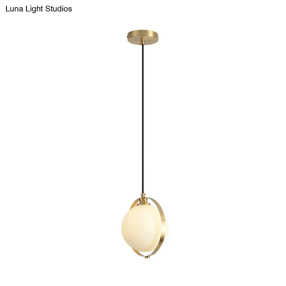 Simple White Frosted Glass Pendant Light With Brass Ring - Global Suspended Lamp For Bedside Or