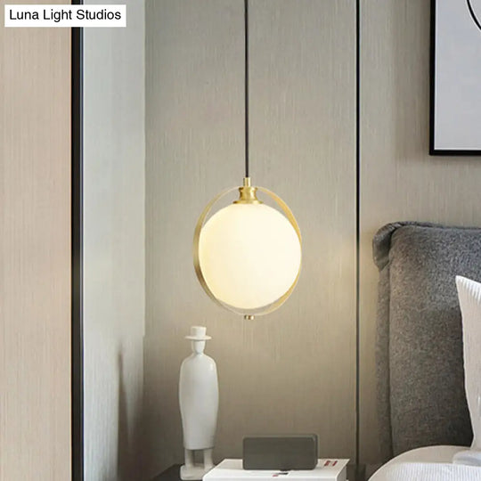 Sleek White Frosted Glass Pendant Light With Brass Ring - Modern Bedside Ceiling Lamp