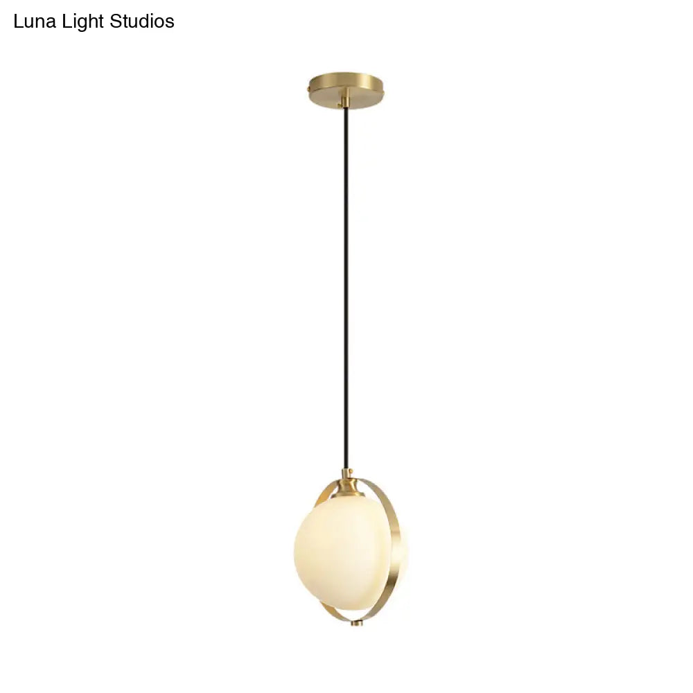 Sleek White Frosted Glass Pendant Light With Brass Ring - Modern Bedside Ceiling Lamp