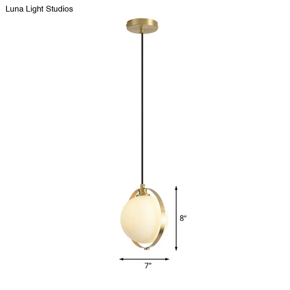 Sleek White Frosted Glass Pendant Light With Brass Ring - Modern Bedside Ceiling Lamp