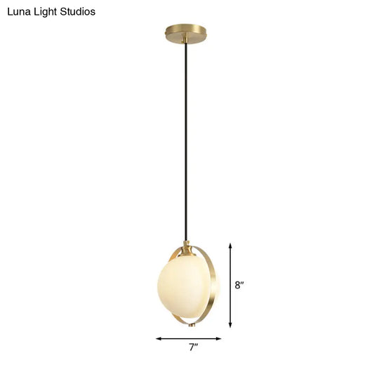 Sleek White Frosted Glass Pendant Light With Brass Ring - Modern Bedside Ceiling Lamp