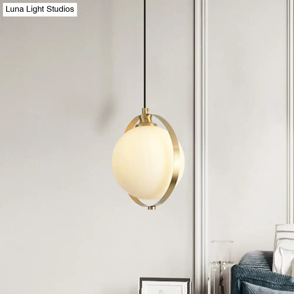 Simple White Frosted Glass Pendant Light With Brass Ring - Global Suspended Lamp For Bedside Or