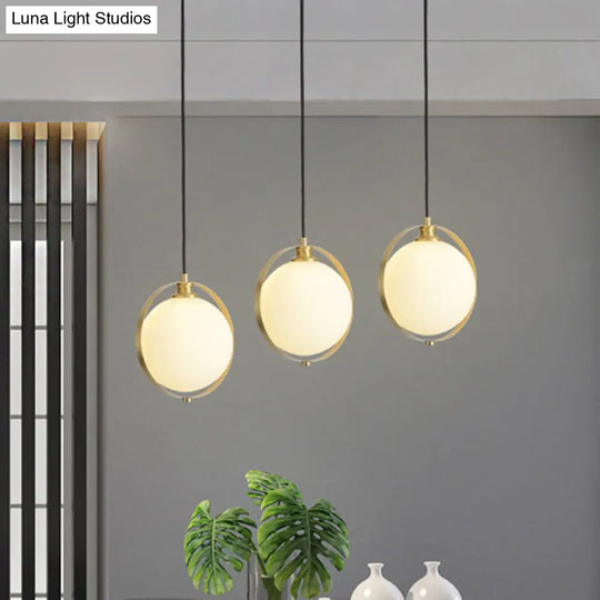 Simple White Frosted Glass Pendant Light With Brass Ring - Global Suspended Lamp For Bedside Or