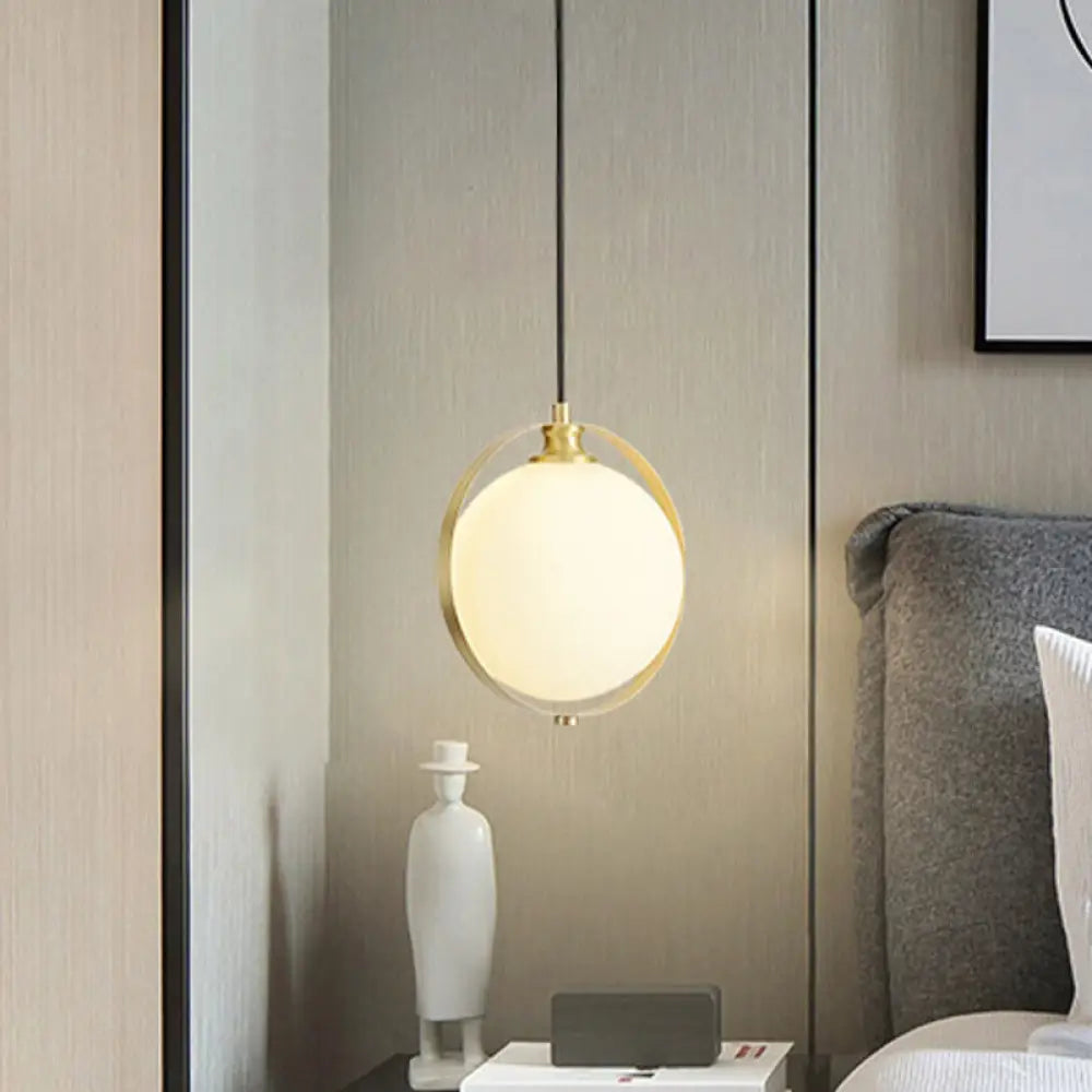 Simple White Frosted Glass Pendant Light With Brass Ring - Global Suspended Lamp For Bedside Or