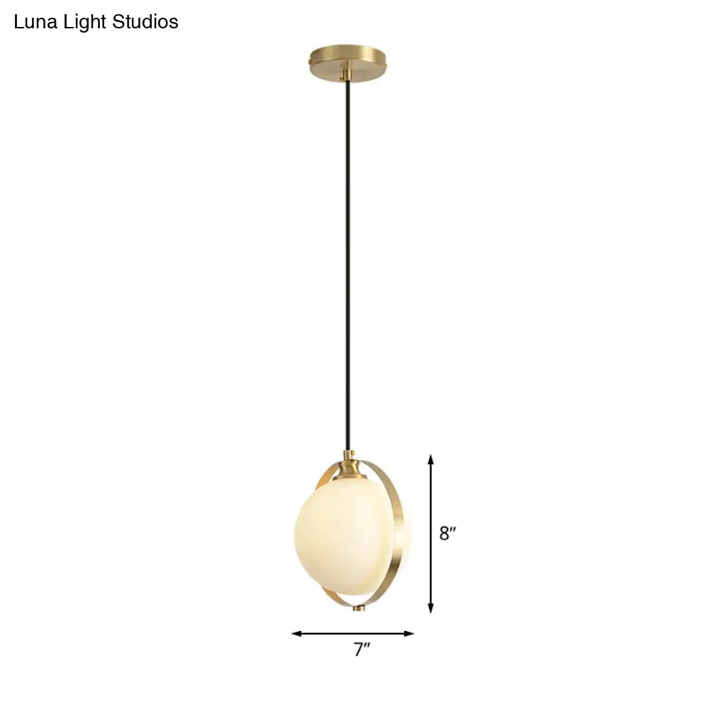 Simple White Frosted Glass Pendant Light With Brass Ring - Global Suspended Lamp For Bedside Or