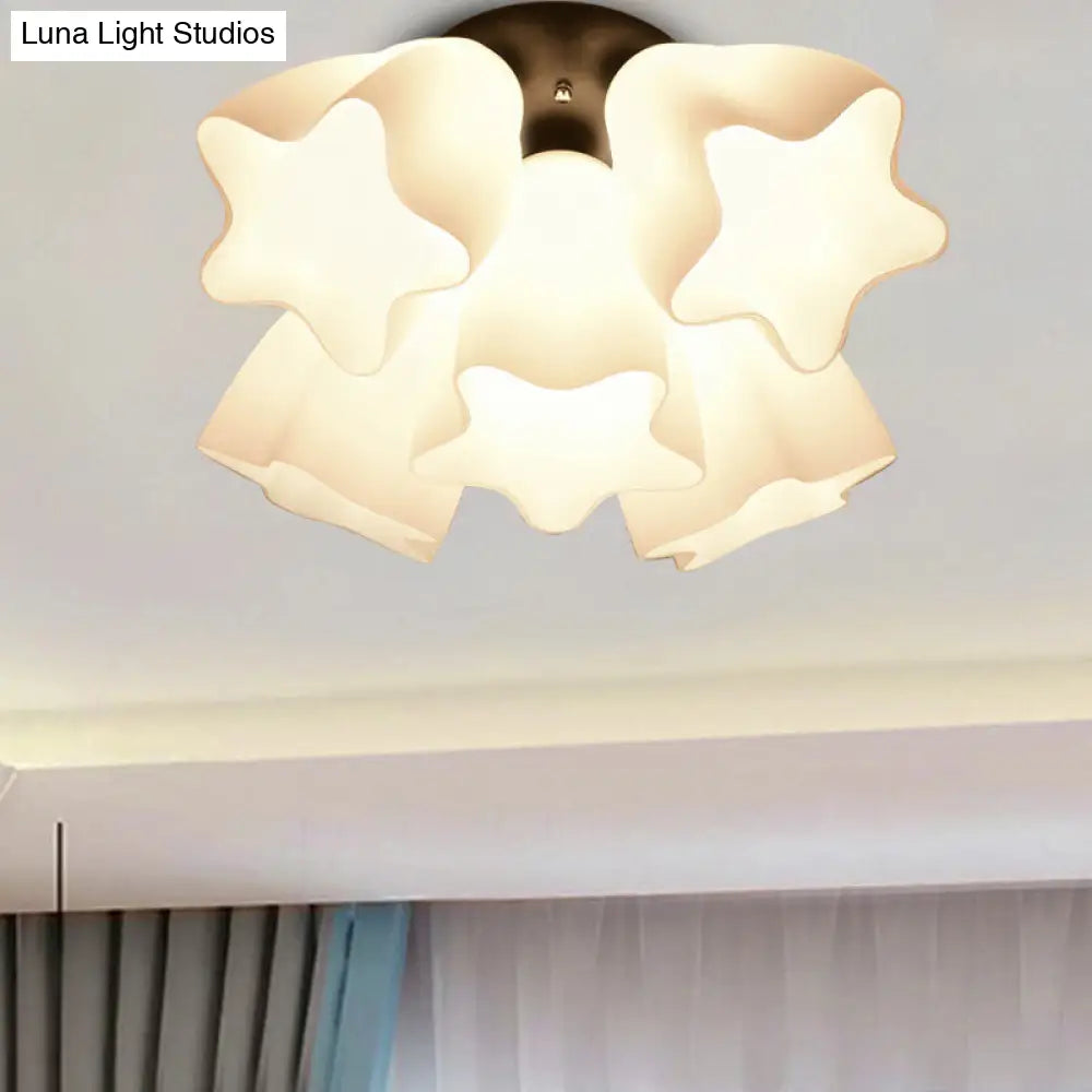 Simple White Glass Star Semi Flush Mount Light - 3/5 Bulb Bedroom Ceiling Lighting Fixture