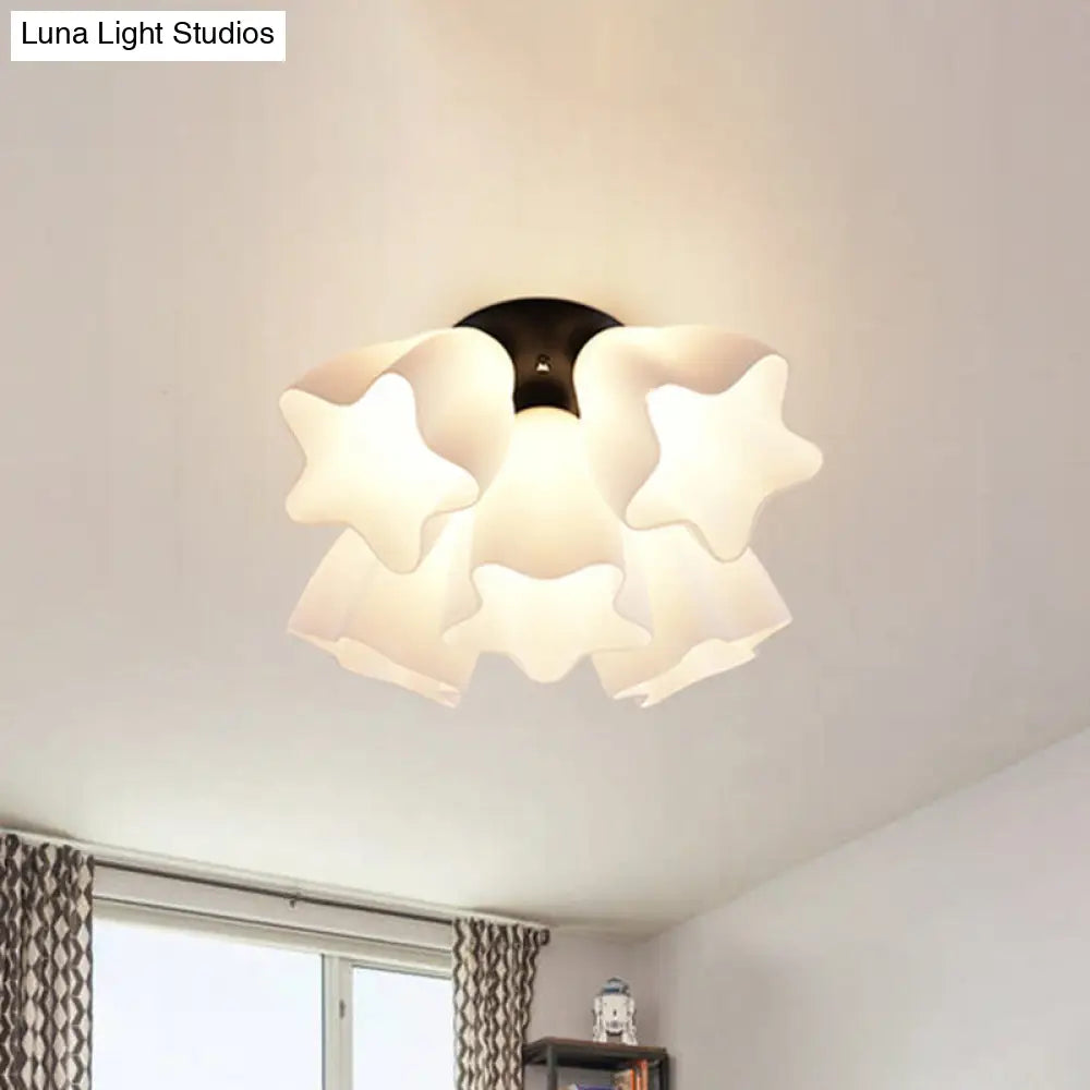 Simple White Glass Star Semi Flush Mount Light - 3/5 Bulb Bedroom Ceiling Lighting Fixture