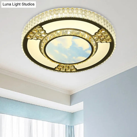 Simple White Led Flush Ceiling Light With Crystal Shade For Living Room