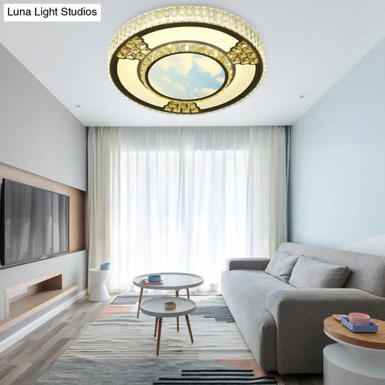 Simple White Led Flush Ceiling Light With Crystal Shade For Living Room