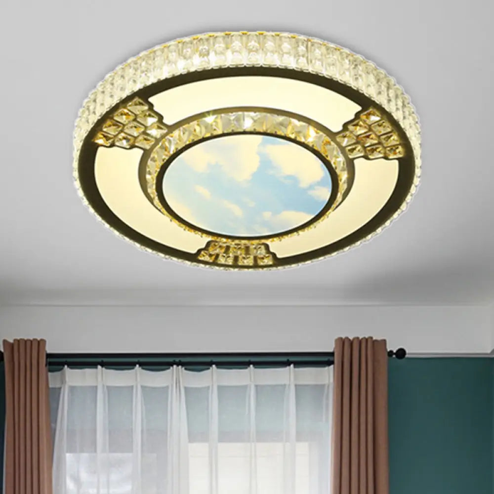 Simple White Led Flush Ceiling Light With Crystal Shade For Living Room