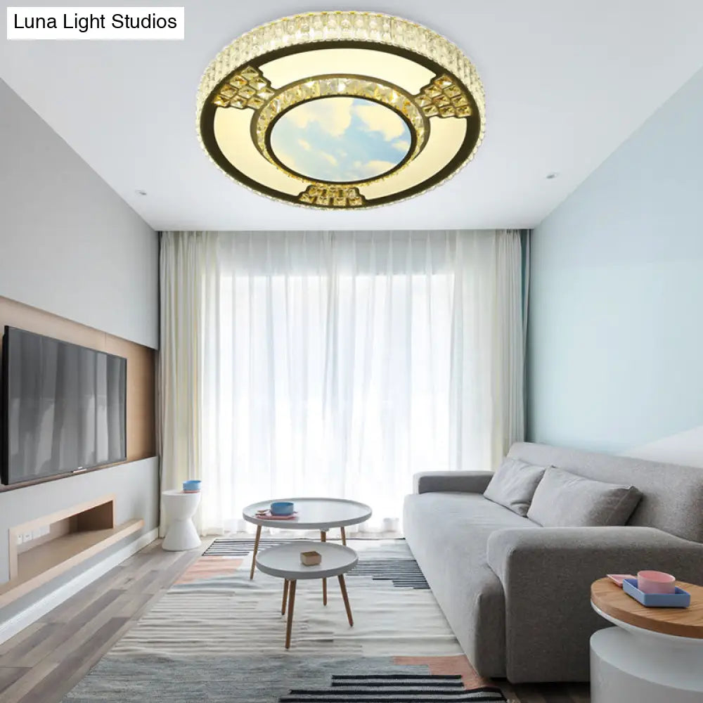 Simple White Led Flush Ceiling Light With Crystal Shade For Living Room