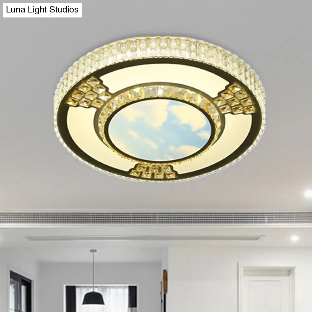 Simple White Led Flush Ceiling Light With Crystal Shade For Living Room