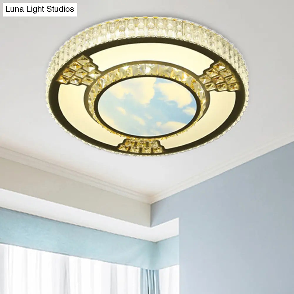 Simple White Led Flush Ceiling Light With Crystal Shade For Living Room