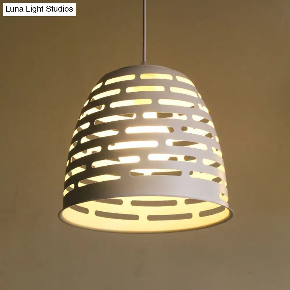 Sleek White Pendant Light With Carved Dome Iron Shade - Perfect For Restaurants Bulb Included