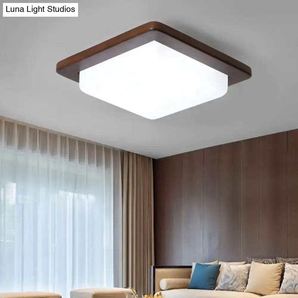 Simple Wood Flush Mount Ceiling Light With Led Round/Square/Flower Design 14’/15’/18’ Wide