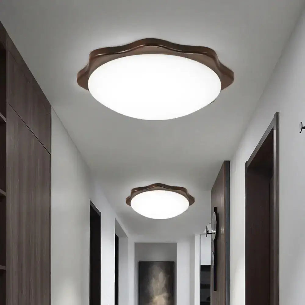 Simple Wood Flush Mount Ceiling Light With Led Round/Square/Flower Design 14’/15’/18’ Wide