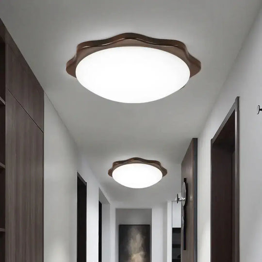 Simple Wood Flush Mount Ceiling Light With Led Round/Square/Flower Design 14’/15’/18’ Wide