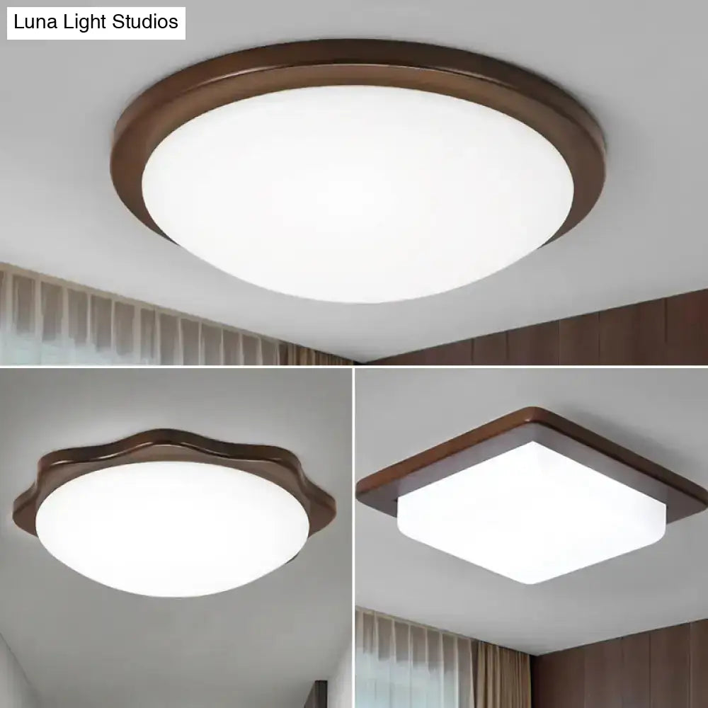 Simple Wood Flush Mount Ceiling Light With Led Round/Square/Flower Design 14’/15’/18’ Wide