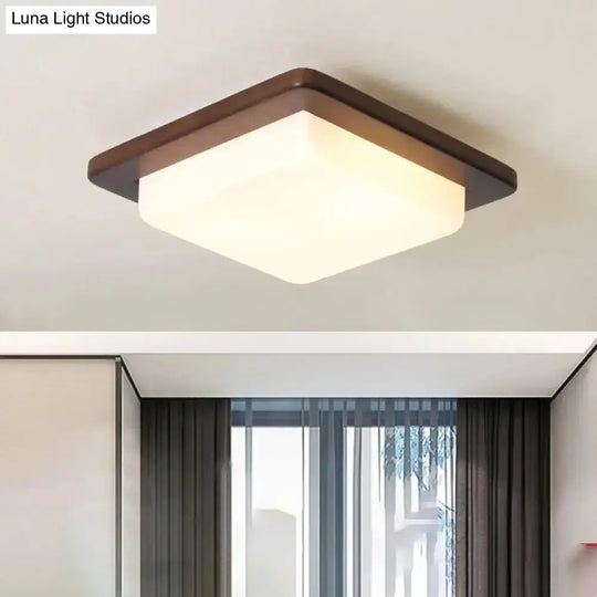 Simple Wood Flush Mount Ceiling Light With Led Round/Square/Flower Design 14’/15’/18’ Wide