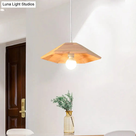 Flare Pendant Ceiling Light: Ridged Wooden Hanging Lamp Kit In Beige - 1-Light Over Table