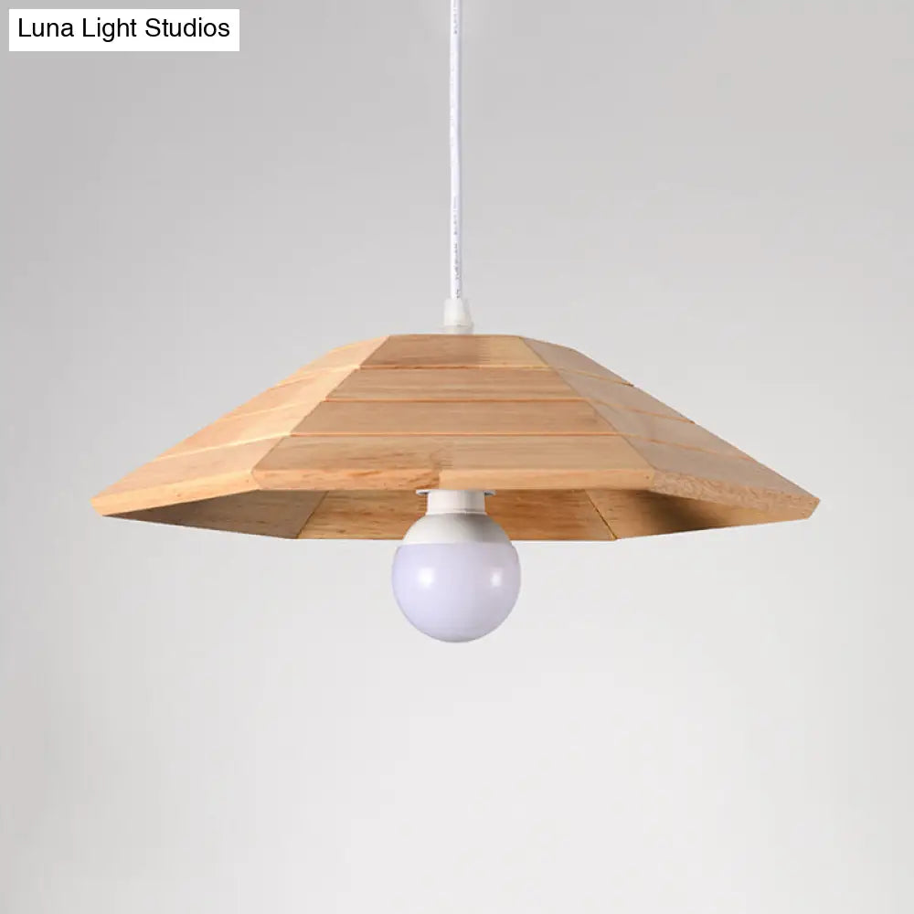 Flare Pendant Ceiling Light: Ridged Wooden Hanging Lamp Kit In Beige - 1-Light Over Table