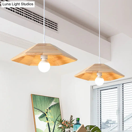 Flare Pendant Ceiling Light: Ridged Wooden Hanging Lamp Kit In Beige - 1-Light Over Table Wood