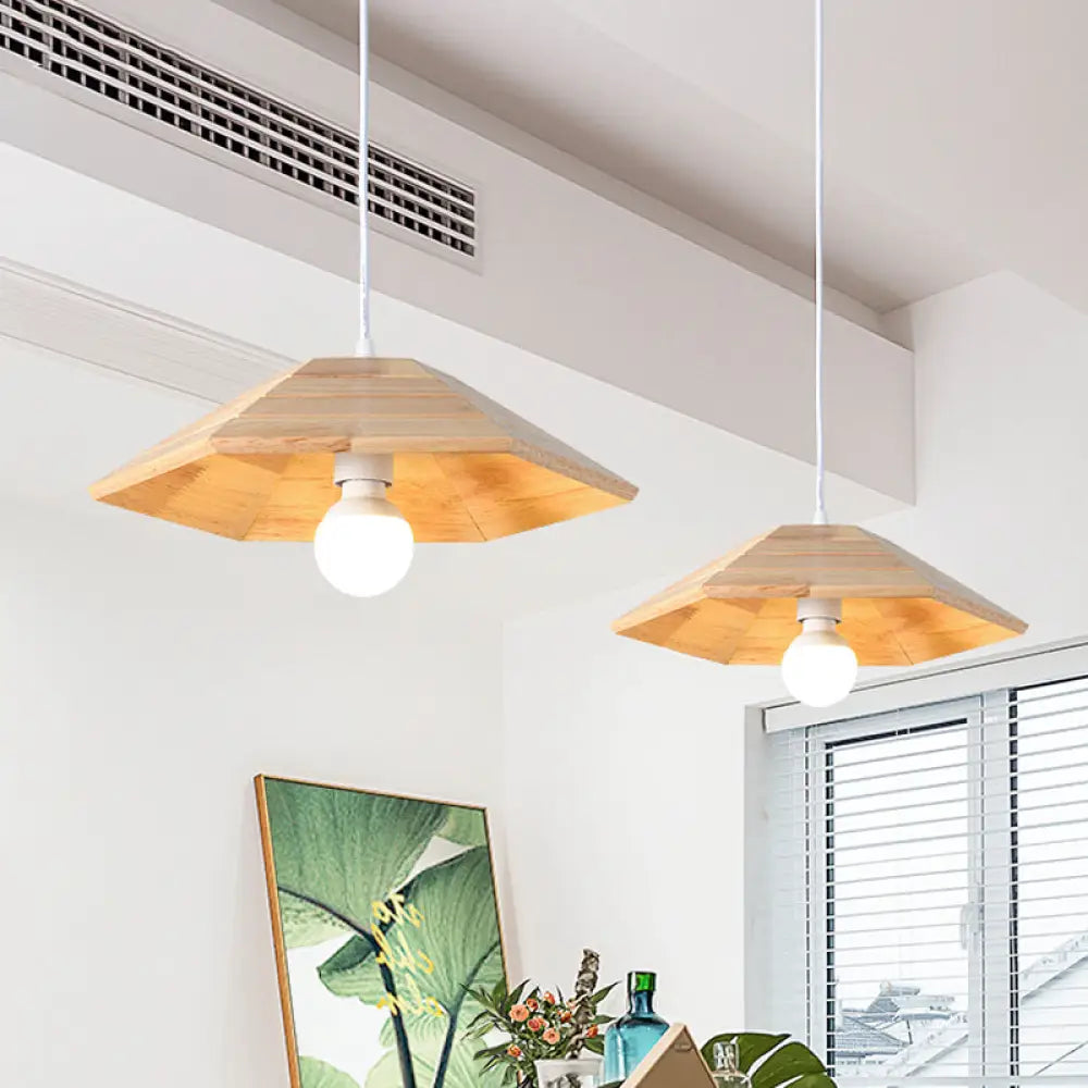 Simple Wooden Flare Pendant Ceiling Light - 1-Light Beige Hanging Lamp Kit Wood