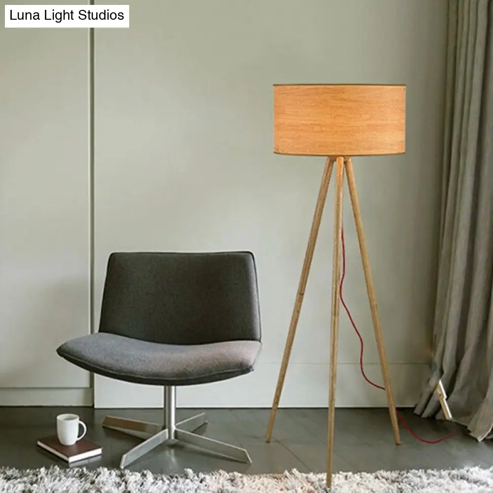 Simple Wooden Led Floor Lamp With Cylinder Shade Ideal For Bedroom - Beige