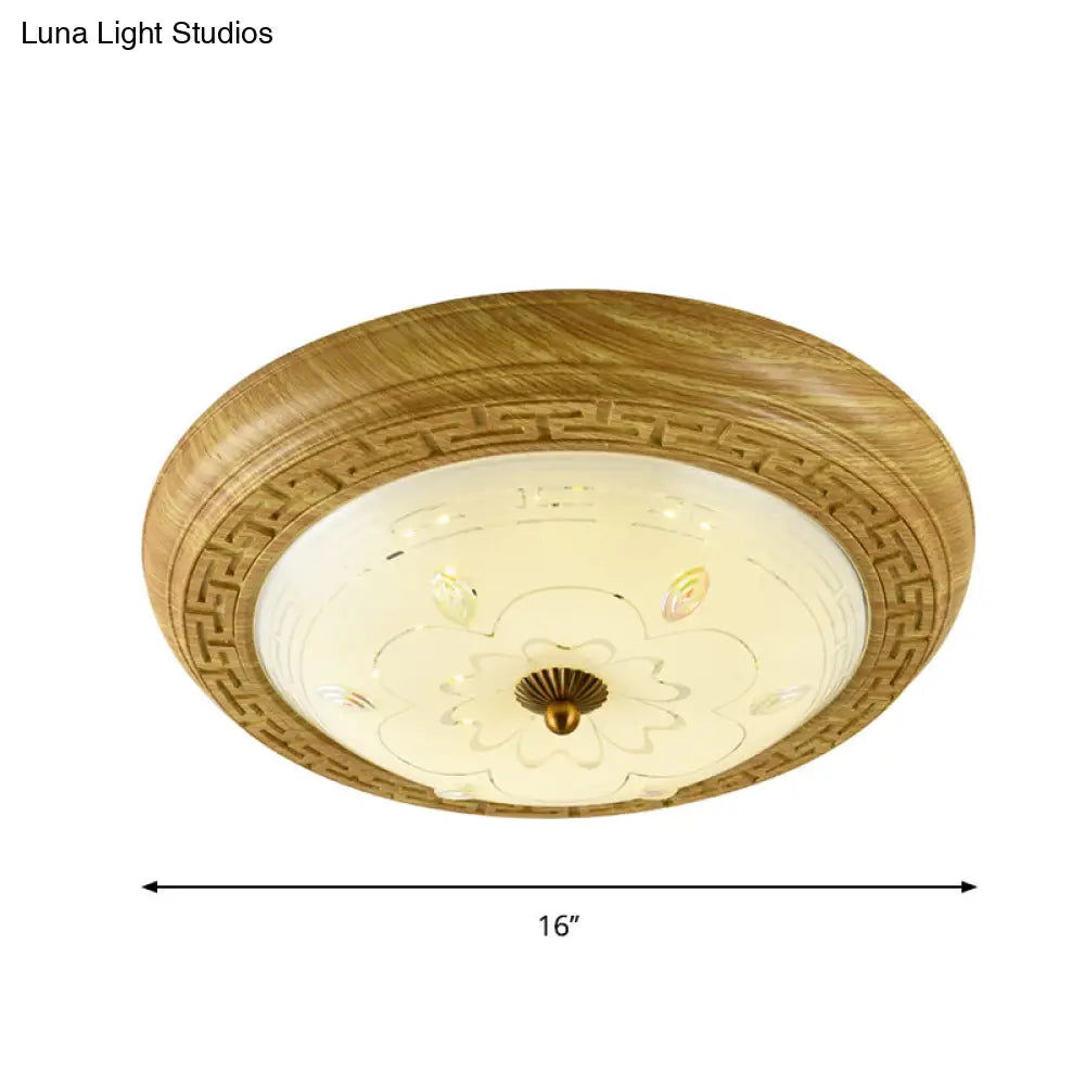 Simple Wooden Led Flushmount Ceiling Light With Dome Glass Shade - Yellow-Brown Circle 14/19.5 W