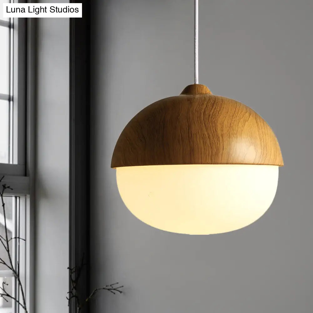 Wooden Pendant Light With Oval Ivory Glass Shade - Simple Bowl Style In Brown